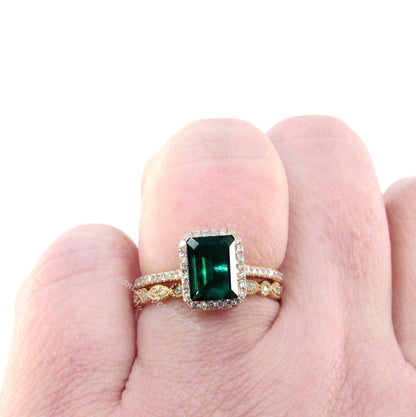 Emerald engagement ring set rose gold Vintage engagement ring set Antique Diamond Eternity wedding Women Bridal Anniversary gift for her Wan Love Designs