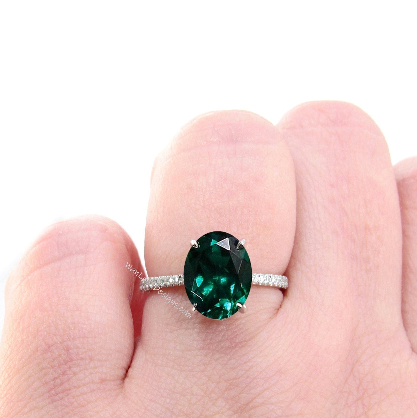 Emerald engagement ring unique Vintage oval cut diamond side halo white gold wedding Bridal birthstone Anniversary promise ring gift Wan Love Designs