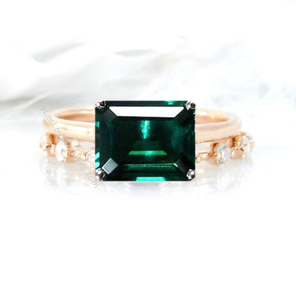 Emerald engagement ring vintage Unique Bridal set East West rose gold engagement ring women Diamond Station Promise gift Wan Love Designs