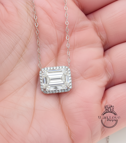 Diamond Emerald cut Halo 14K Gold Necklace/Moissanite Diamond Halo Necklace/Layering Diamond Necklace/Valentines Necklace/Anniversary Gift Necklace