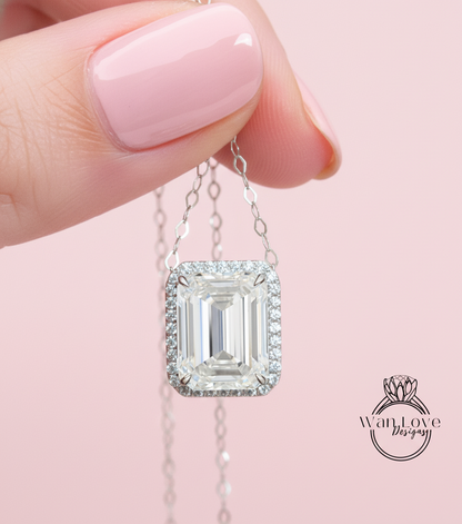 Diamond Emerald cut Halo 14K Gold Necklace/Moissanite Diamond Halo Necklace/Layering Diamond Necklace/Valentines Necklace/Anniversary Gift Necklace