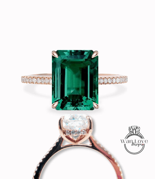 Emerald & Diamond Emerald Side Halo 3/4 Almost eternity Engagement Ring, Pave Rim wedding bridal ring 14kt 18kt Solid Gold Anniversary Gift