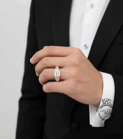 Mans Moissanite Ring | Emerald Moissanite Mens Wedding band | White Sapphire Ring 14k Gold | East West Solitaire Ring | Mens Wedding Ring