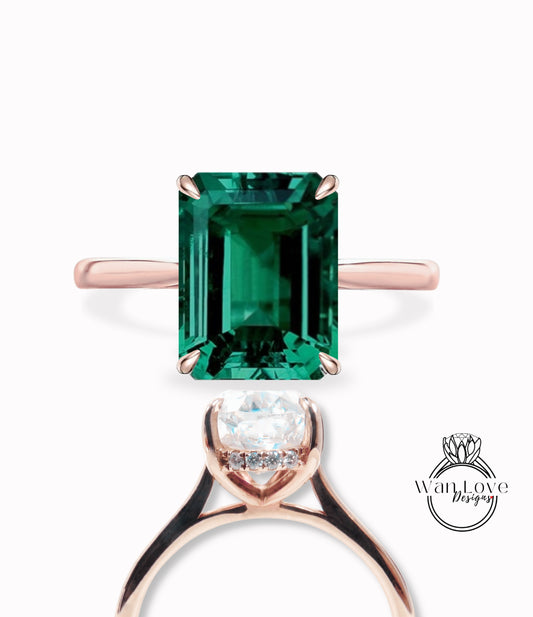 Emerald & Diamond Side Halo plain tapered band shank Engagement Ring, Emerald cut Dainty Minimalist Pave Rim wedding bridal ring 14kt 18kt Solid Gold Anniversary Gift