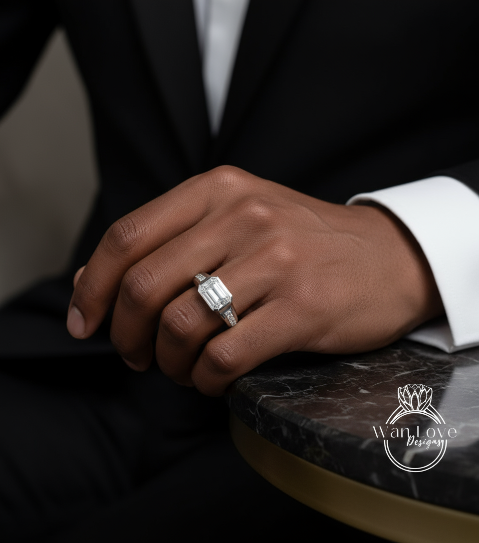 Mans Moissanite Ring | Emerald Moissanite Mens Wedding band | White Sapphire Ring 14k Gold | East West Solitaire Ring | Mens Wedding Ring