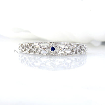 Filigree Blue Sapphire Wedding Band/ Matching Band/ Milgrain Stacking Ring/ Handmade Ring For Gift/ Vintage Wedding Band/ Birthstone Gift Wan Love Designs