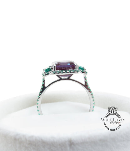 Custom Listing, Alexandrite Emerald Green Engagement Ring 3 Triple Halo Gem stone 4ct 10x8mm 14k 18k Rose White Gold Platinum Anniversary