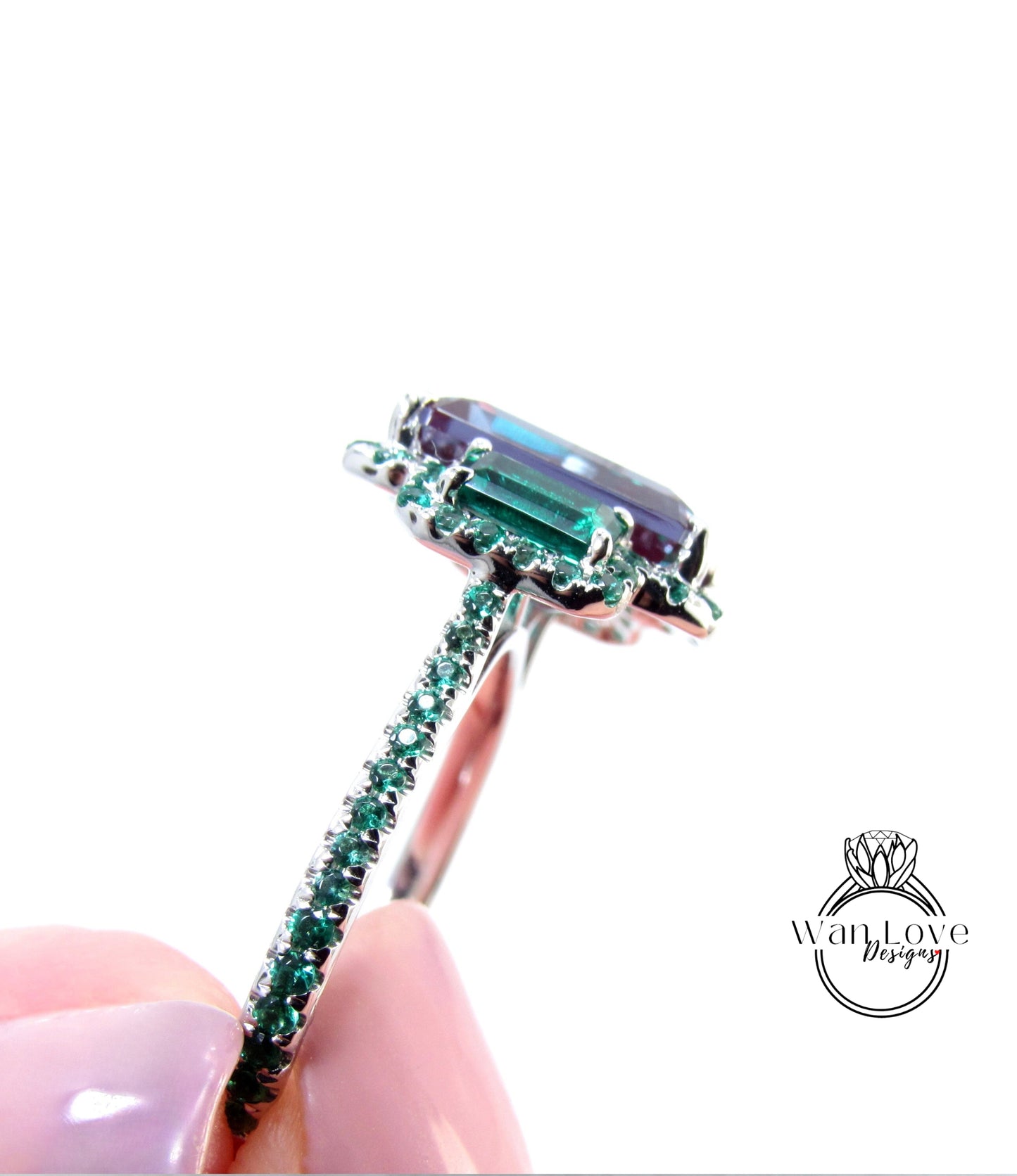 Inserzione personalizzata, Anello di fidanzamento con alessandrite verde smeraldo 3 pietre preziose a triplo alone 4ct 10x8mm 14k 18k oro bianco rosa platino anniversario