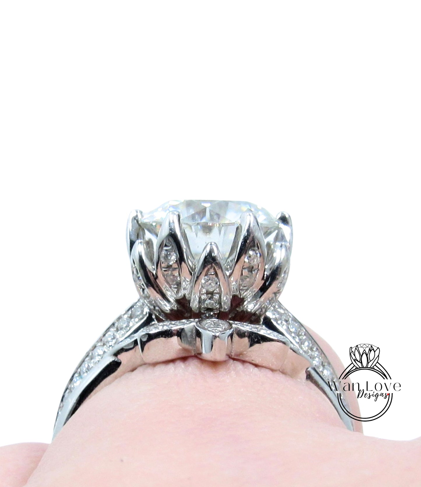 Moissanite Lotus Flower Engagement Ring Sunburst Nesting Leaf Curved Wedding Band 3ct 9mm White Gold Custom Anniversary Gift Ready to Ship