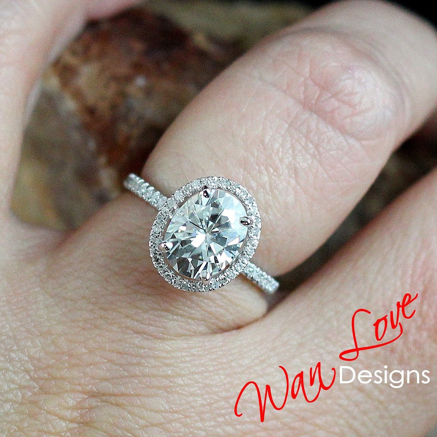 Forever One Moissanite Ruby White Blue Sapphire Choice & Diamond Oval Halo Engagement Ring-Custom-3ct-9x7mm-14k White Gold-5-Ready to Ship Wan Love Designs
