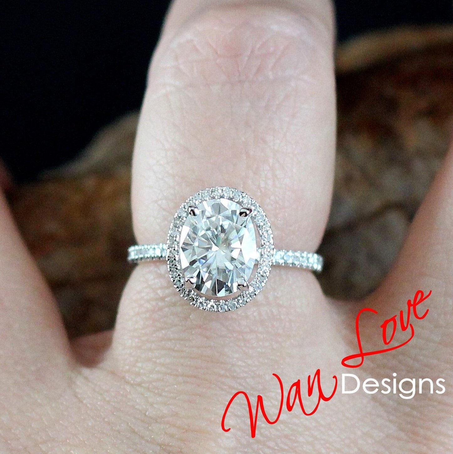 Forever One Moissanite Ruby White Blue Sapphire Choice & Diamond Oval Halo Engagement Ring-Custom-3ct-9x7mm-14k White Gold-5-Ready to Ship Wan Love Designs