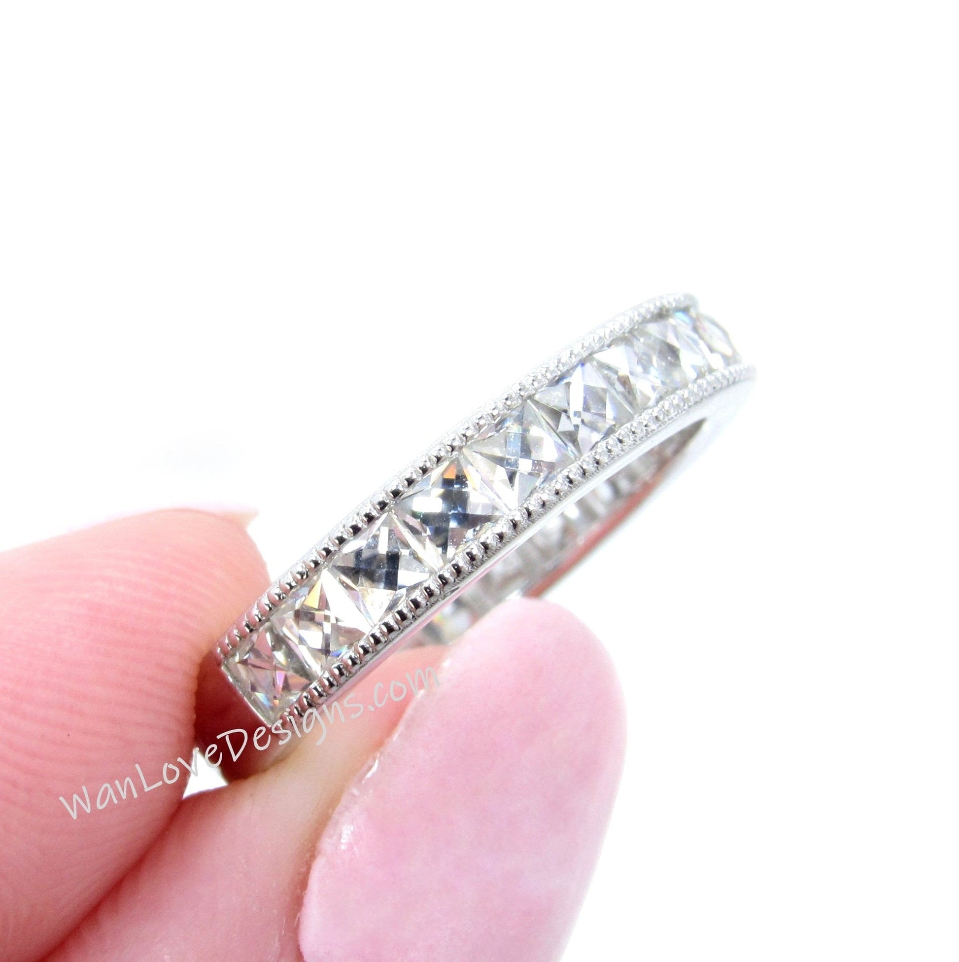 French Cut Moissanite Wedding Band Milgrain Channel set 3/4 Almost Eternity 1.7ct, 2.5mm gems, Stacking Ring,Custom,White Gold-Ready to Ship Wan Love Designs