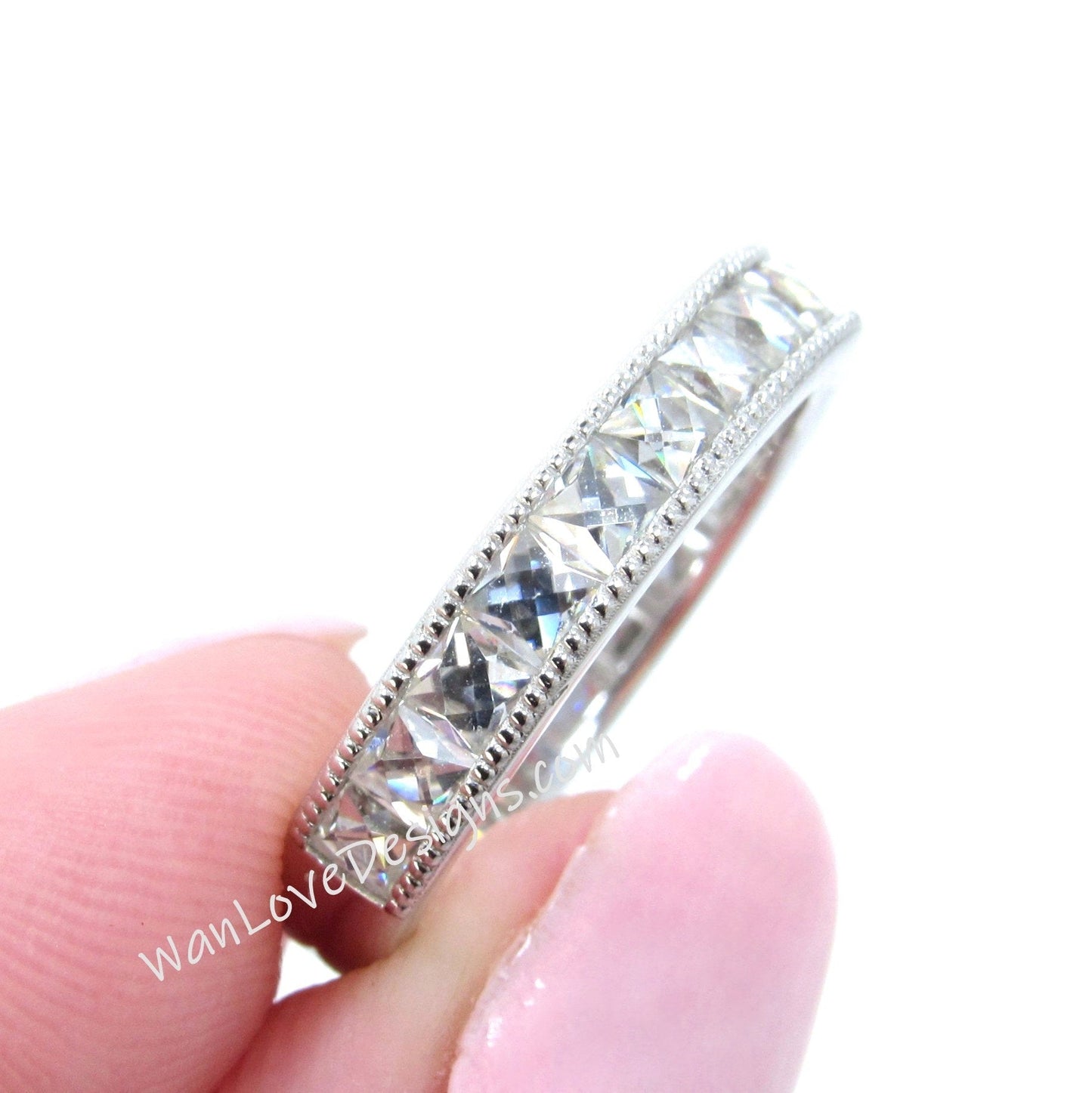 French Cut Moissanite Wedding Band Milgrain Channel set 3/4 Almost Eternity 1.7ct, 2.5mm gems, Stacking Ring,Custom,White Gold-Ready to Ship Wan Love Designs