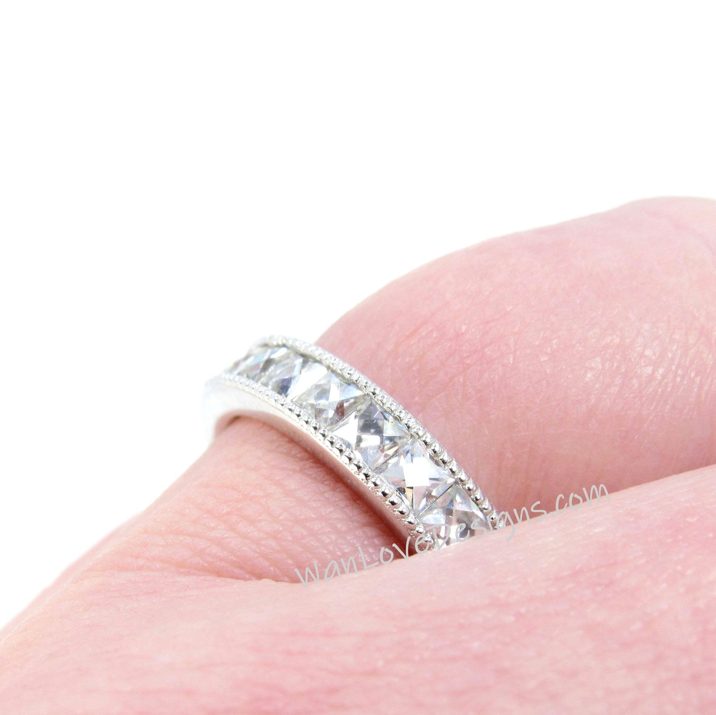 French Cut Moissanite Wedding Band Milgrain Channel set 3/4 Almost Eternity 1.7ct, 2.5mm gems, Stacking Ring,Custom,White Gold-Ready to Ship Wan Love Designs