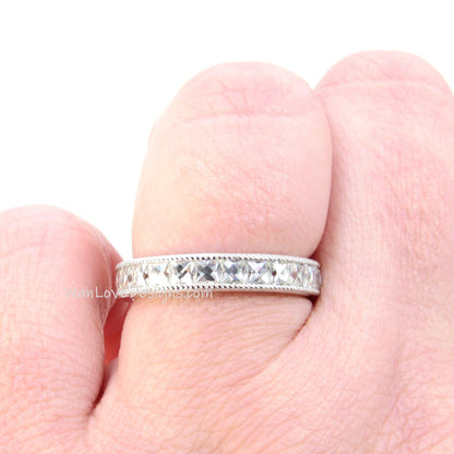 French Cut Moissanite Wedding Band Milgrain Channel set 3/4 Almost Eternity 1.7ct, 2.5mm gems, Stacking Ring,Custom,White Gold-Ready to Ship Wan Love Designs