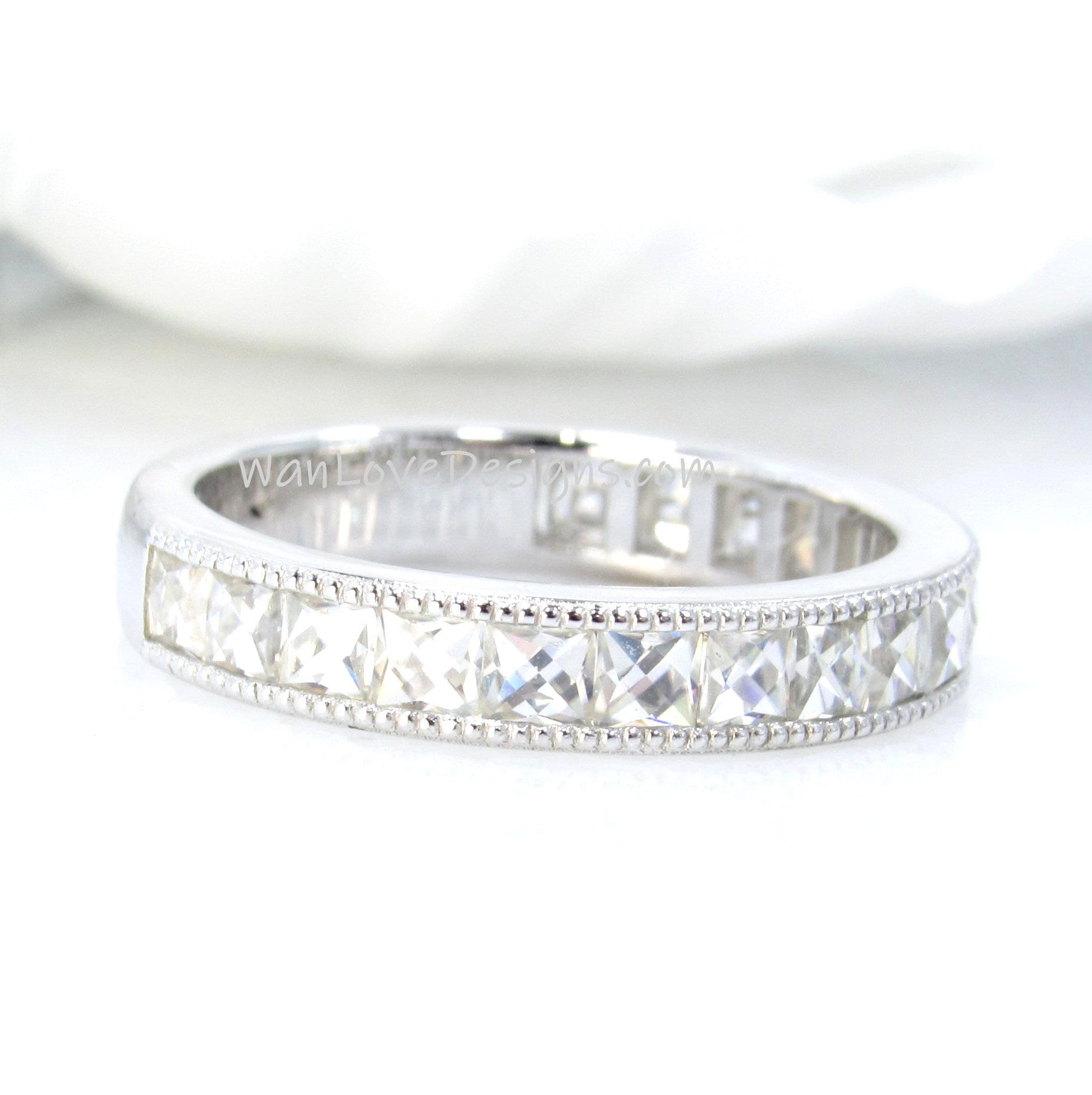 French Cut Moissanite Wedding Band Milgrain Channel set 3/4 Almost Eternity 1.7ct, 2.5mm gems, Stacking Ring,Custom,White Gold-Ready to Ship Wan Love Designs