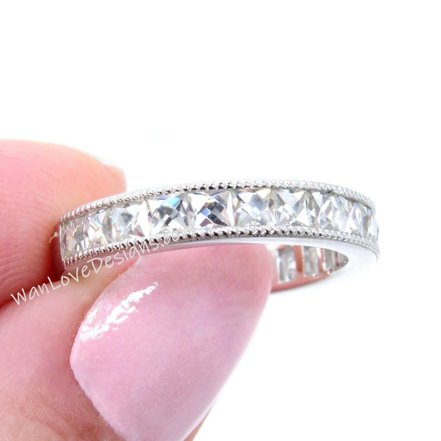 French Cut Moissanite Wedding Band Milgrain Channel set 3/4 Almost Eternity 1.7ct, 2.5mm gems, Stacking Ring,Custom,White Gold-Ready to Ship Wan Love Designs