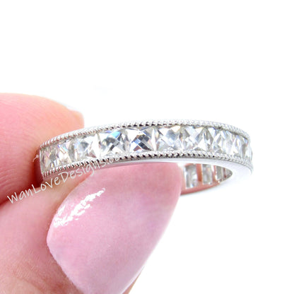 French Cut Moissanite Wedding Band Milgrain Channel set 3/4 Almost Eternity 1.7ct, 2.5mm gems, Stacking Ring,Custom,White Gold-Ready to Ship Wan Love Designs