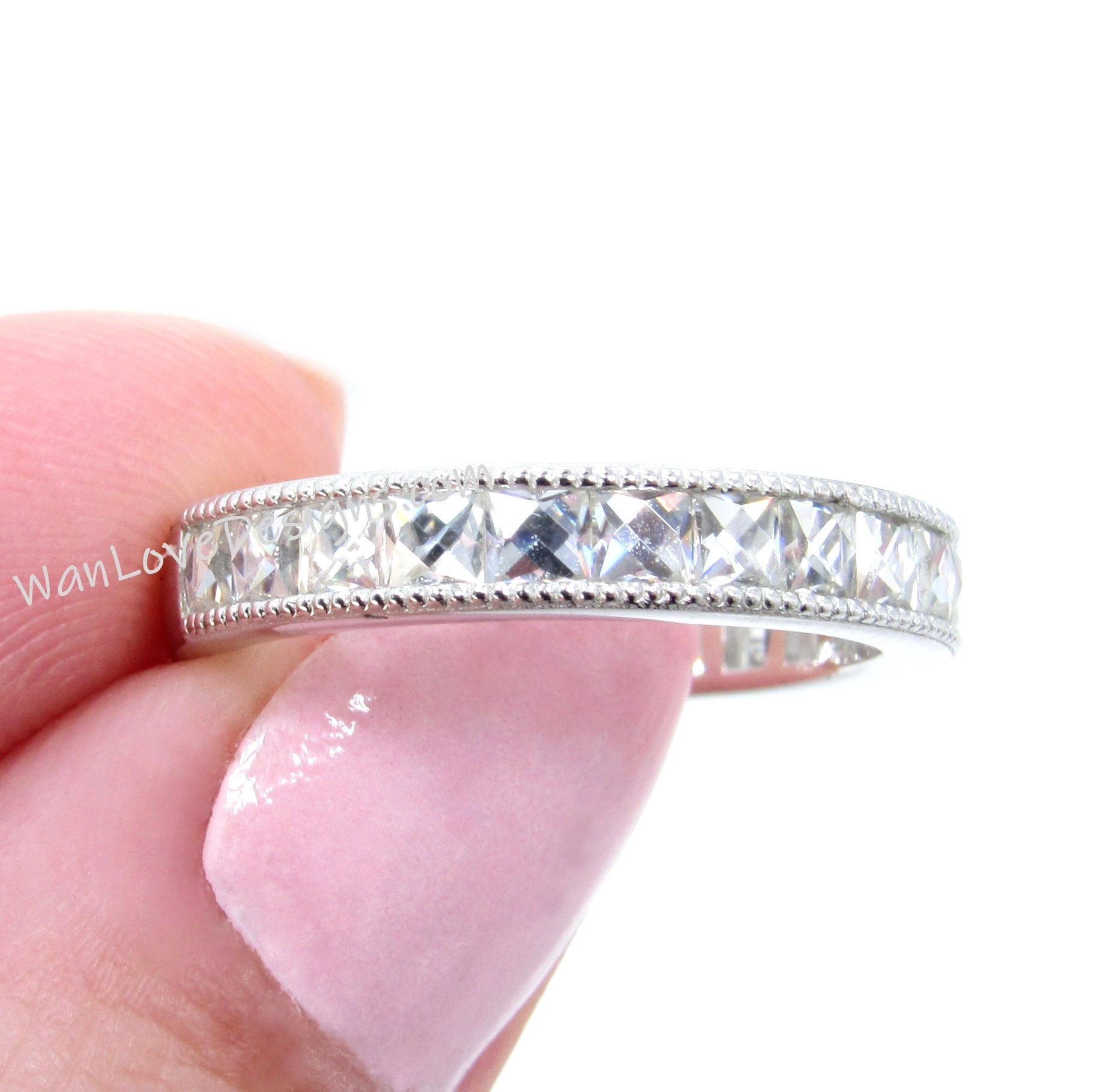 French Cut Moissanite Wedding Band Milgrain Channel set 3/4 Almost Eternity 1.7ct, 2.5mm gems, Stacking Ring,Custom,White Gold-Ready to Ship Wan Love Designs