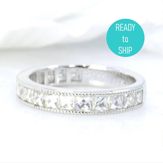 French Cut Moissanite Wedding Band Milgrain Channel set 3/4 Almost Eternity 1.7ct, 2.5mm gems, Stacking Ring,Custom,White Gold-Ready to Ship Wan Love Designs