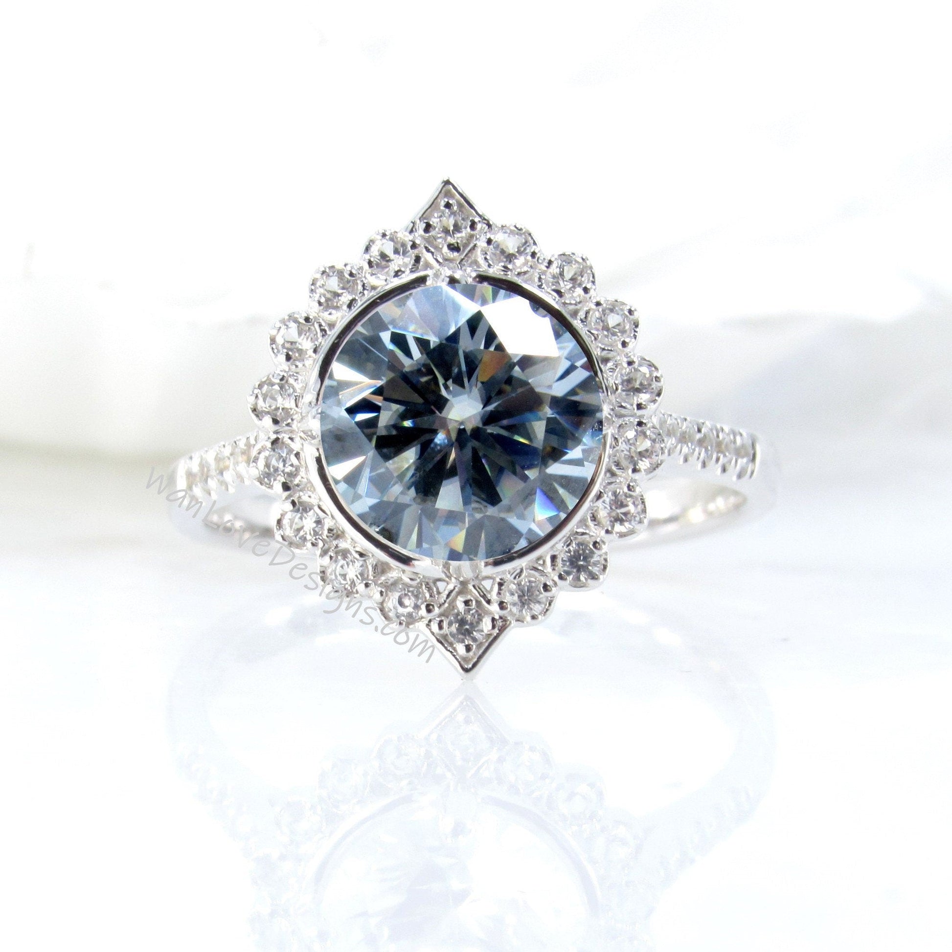 Geometric Halo Grey Moissanite Diamonds Engagement Ring Round Engagement Ring Vintage Milgrain ring antique halo moissanite bridal ring gift Wan Love Designs