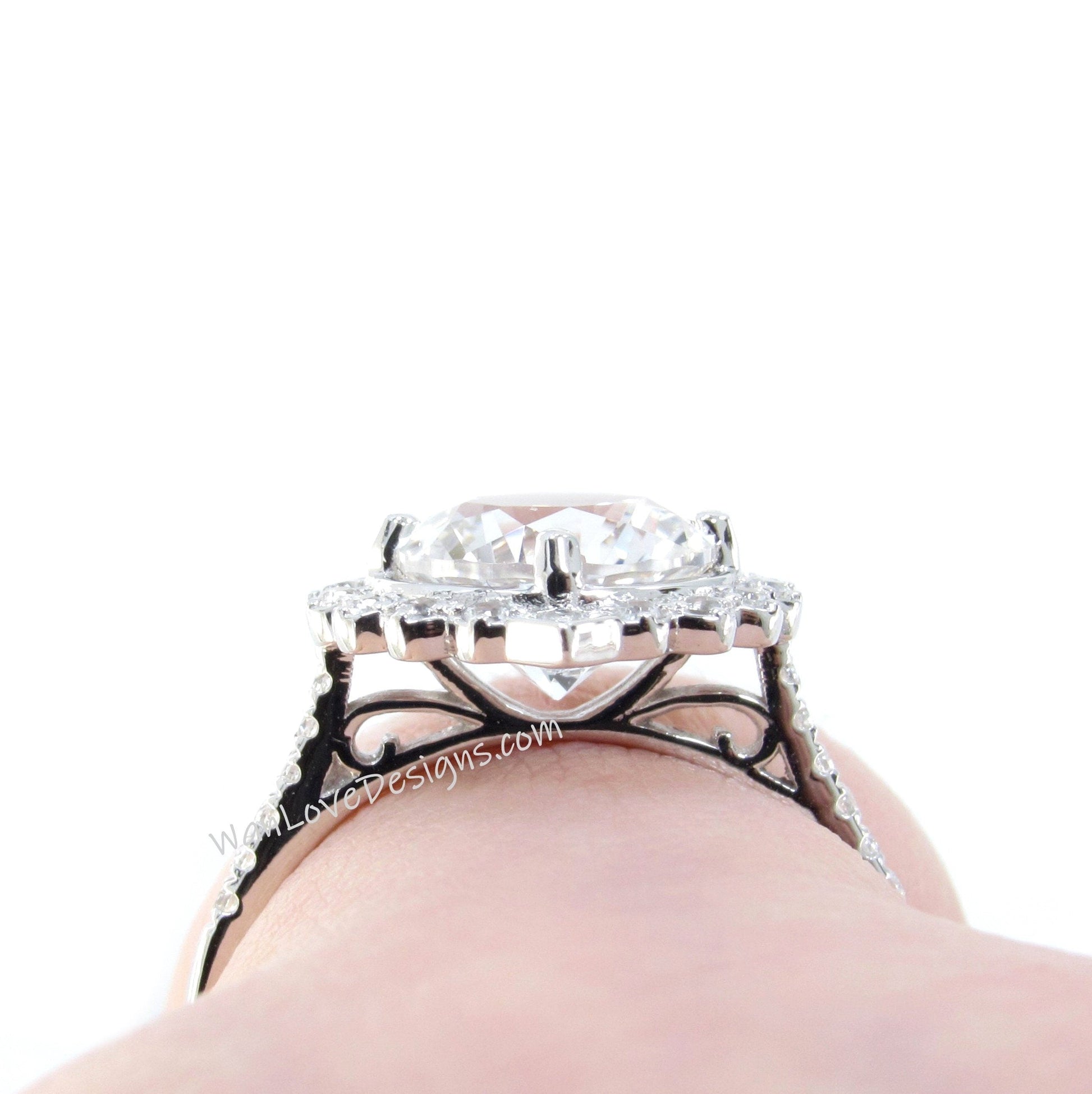 Geometric Halo Grey Moissanite Diamonds Engagement Ring Round Engagement Ring Vintage Milgrain ring antique halo moissanite bridal ring gift Wan Love Designs