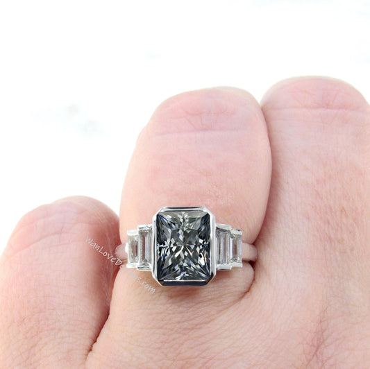 Gray Moissanite Art Deco Emerald Baguette Bezel Engagement Ring, Custom, 14k 18k White Yellow Rose Gold, Platinum Wan Love Designs
