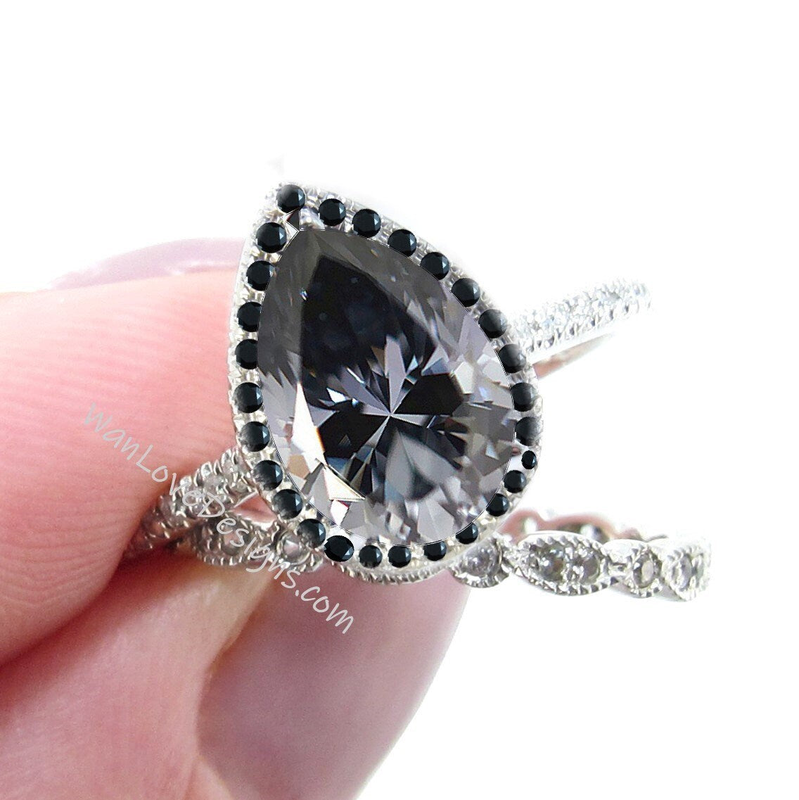 Gray Moissanite Black Diamond Pear Halo Engagement Ring Set, Almost Eternity Milgrain Leaf Band 14k 18k White Yellow Rose Gold-Custom Wan Love Designs