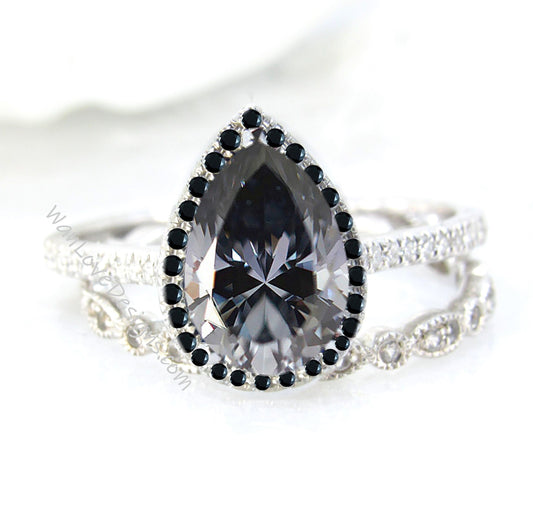 Gray Moissanite Black Diamond Pear Halo Engagement Ring Set, Almost Eternity Milgrain Leaf Band 14k 18k White Yellow Rose Gold-Custom Wan Love Designs