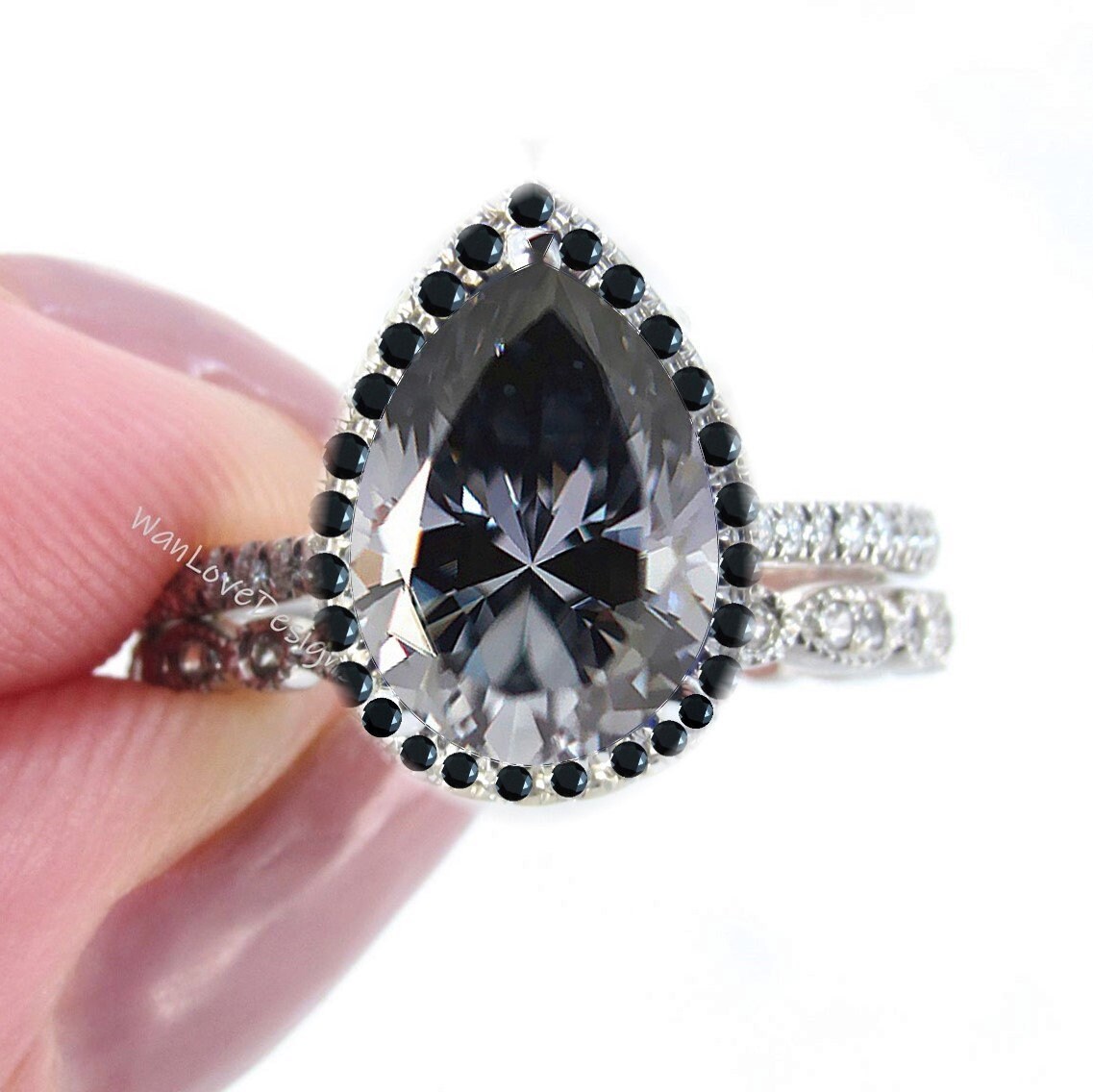 Gray Moissanite Black Diamond Pear Halo Engagement Ring Set, Almost Eternity Milgrain Leaf Band 14k 18k White Yellow Rose Gold-Custom Wan Love Designs