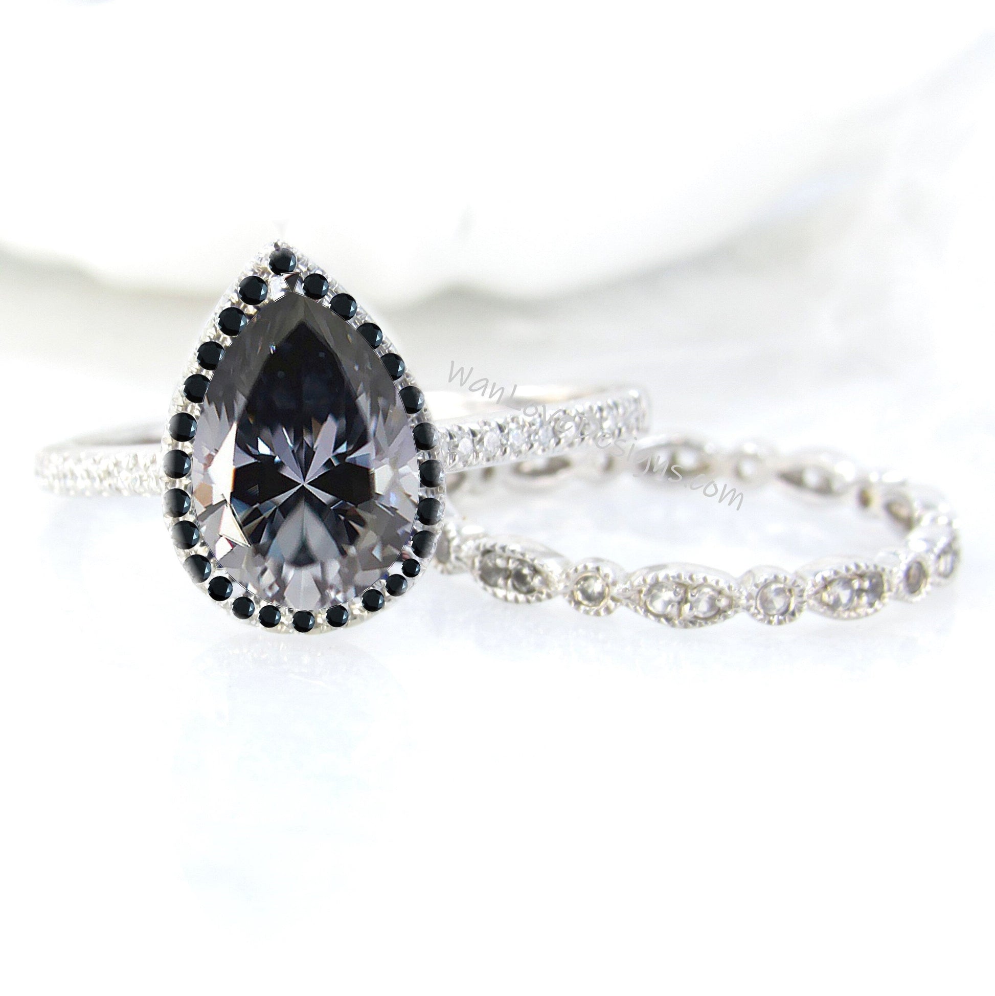 Gray Moissanite Black Diamond Pear Halo Engagement Ring Set, Almost Eternity Milgrain Leaf Band 14k 18k White Yellow Rose Gold-Custom Wan Love Designs