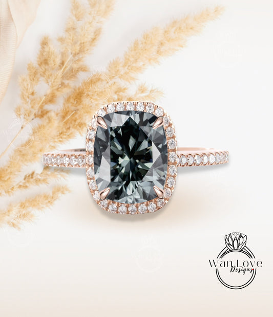 Gray Moissanite Diamond Elongated Cushion Halo Engagement Ring, Custom, Wedding, 14kt 18kt Gold, Platinum, WanLoveDesigns Wan Love Designs