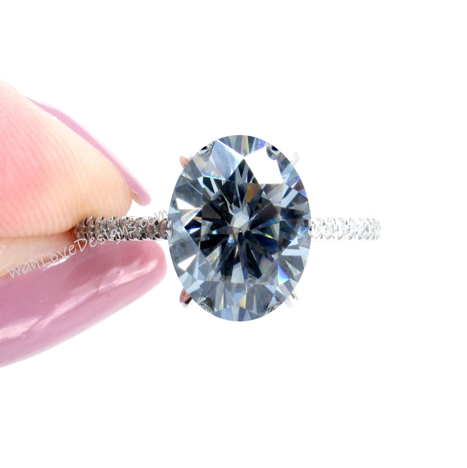 Gray Moissanite & Diamond Engagement Ring, Oval Side Halo Half Eternity Celebrity Ring, Oval moissanite diamond hidden halo bridal ring gift Wan Love Designs