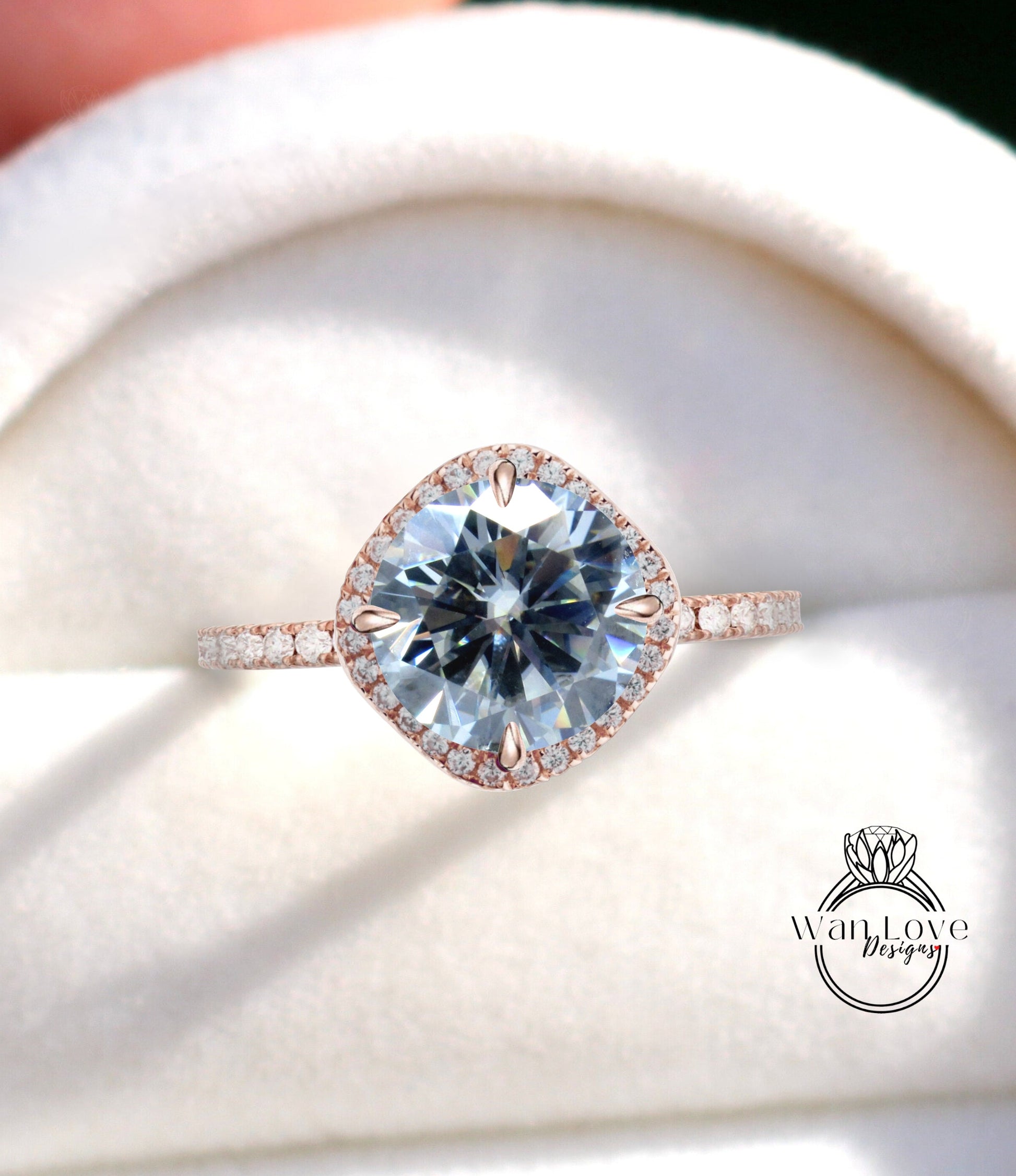 Gray Moissanite & Diamond Kite Cushion Halo Thin Dainty Pave Engagement Ring, NSEW Compass prongs, 14kt 18kt Gold, Platinum, Custom, Wedding Wan Love Designs