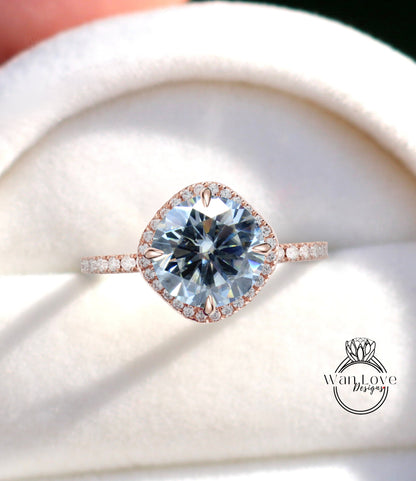 Gray Moissanite & Diamond Kite Cushion Halo Thin Dainty Pave Engagement Ring, NSEW Compass prongs, 14kt 18kt Gold, Platinum, Custom, Wedding Wan Love Designs