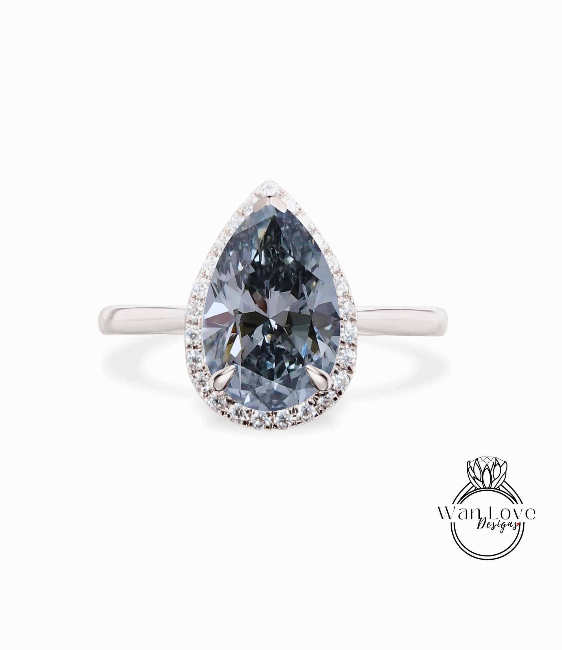 Gray Moissanite & Diamond Pear Halo Engagement Ring, Plain Shank, Custom, 14kt 18kt Gold, Platinum,Anniversary Gift, WanLoveDesigns Wan Love Designs