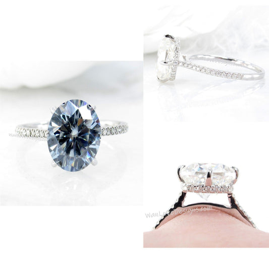 Gray Moissanite Diamond Side Halo Elongated Cushion Celebrity Engagement Ring, Custom, 14kt 18kt Gold-Platinum-Custom, WanLoveDesigns Wan Love Designs