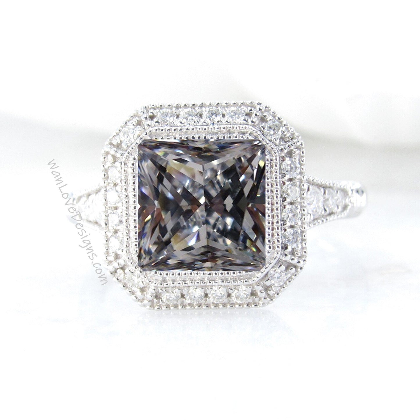 Gray Moissanite Moissanite engagement ring gold vintage Art Deco Bezel Halo engagement ring women Antique diamond Wedding Milgrain Bridal Wan Love Designs