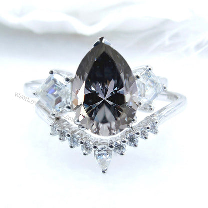 Gray Moissanite cluster pear kite engagement ring, cluster ring, moissanite ring, moissanite kite ring, unique engagement ring, Bridal Set Wan Love Designs