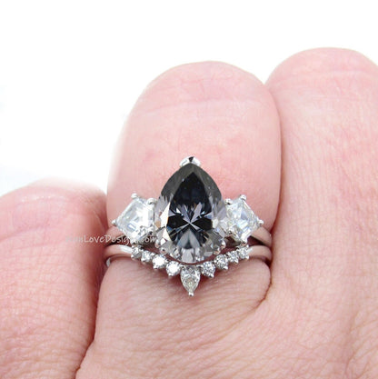 Gray Moissanite cluster pear kite engagement ring, cluster ring, moissanite ring, moissanite kite ring, unique engagement ring, Bridal Set Wan Love Designs