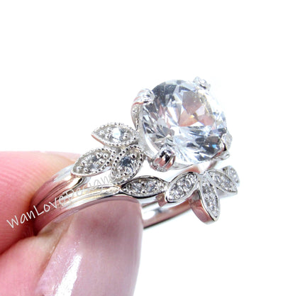 Gray Moissanite engagement ring set white gold Unique Round cut Cluster Diamond milgrain leaf women vintage wedding band Anniversary set Wan Love Designs