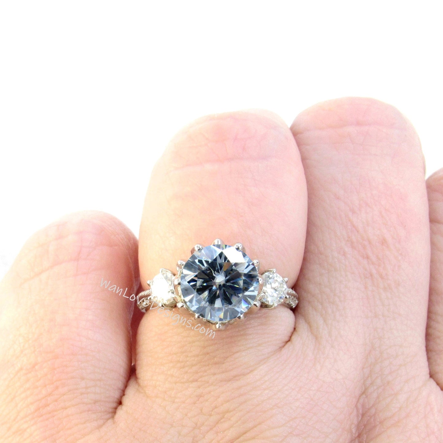 Gray Moisssanite & Diamond Lotus Flower 3 gemstone Round Engagement Ring, Custom-14k 18k White Yellow Rose Gold-Plat-Anniversary Wan Love Designs