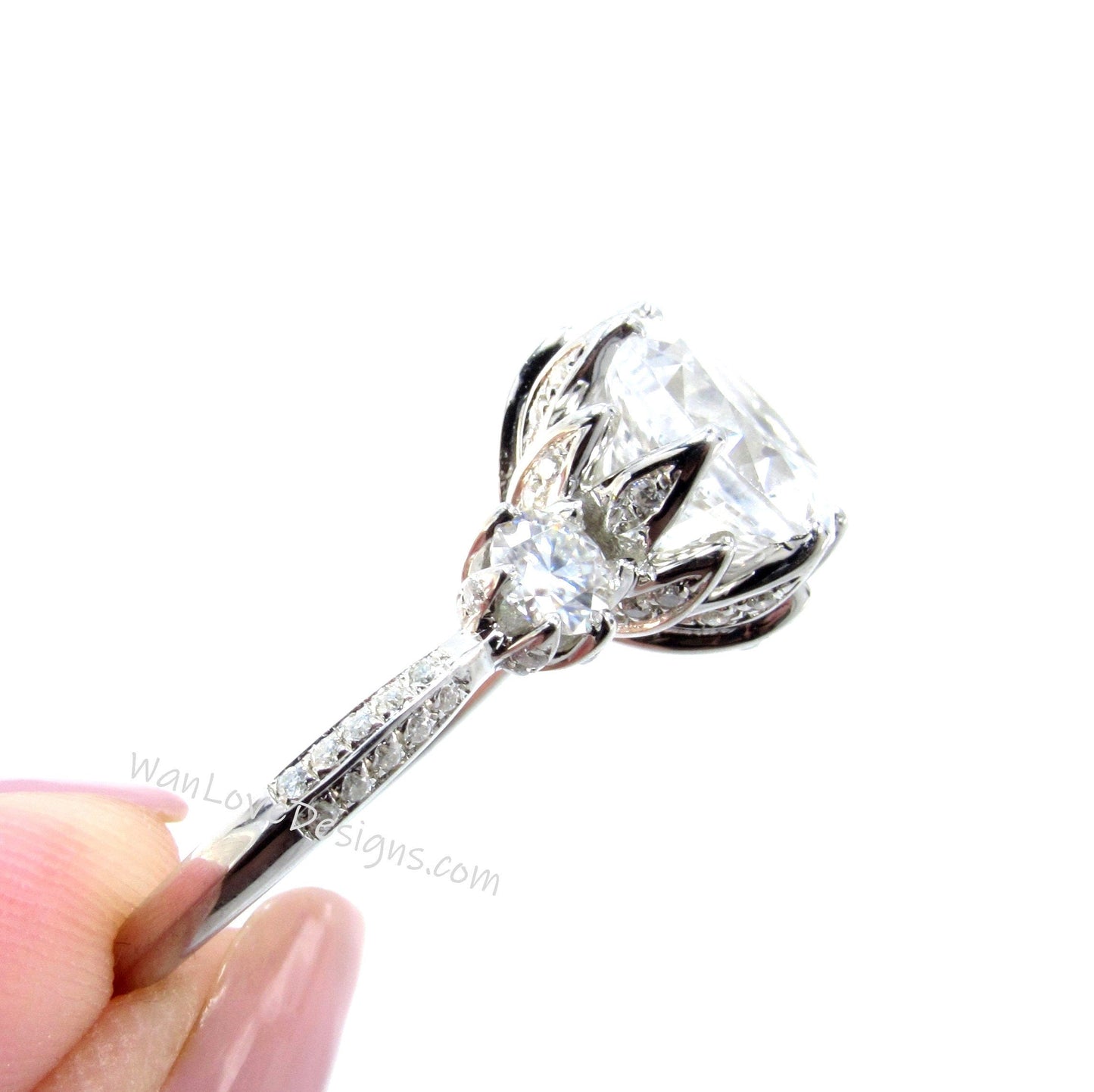 Gray Moisssanite & Diamond Lotus Flower 3 gemstone Round Engagement Ring, Custom-14k 18k White Yellow Rose Gold-Plat-Anniversary Wan Love Designs