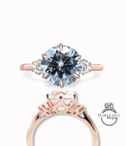 Gray & White Moissanite 3 Gem Stone Round Engagement Ring, 14k 18k White Yellow Rose Gold-Custom-Wedding-Anniversary-Platinum Wan Love Designs