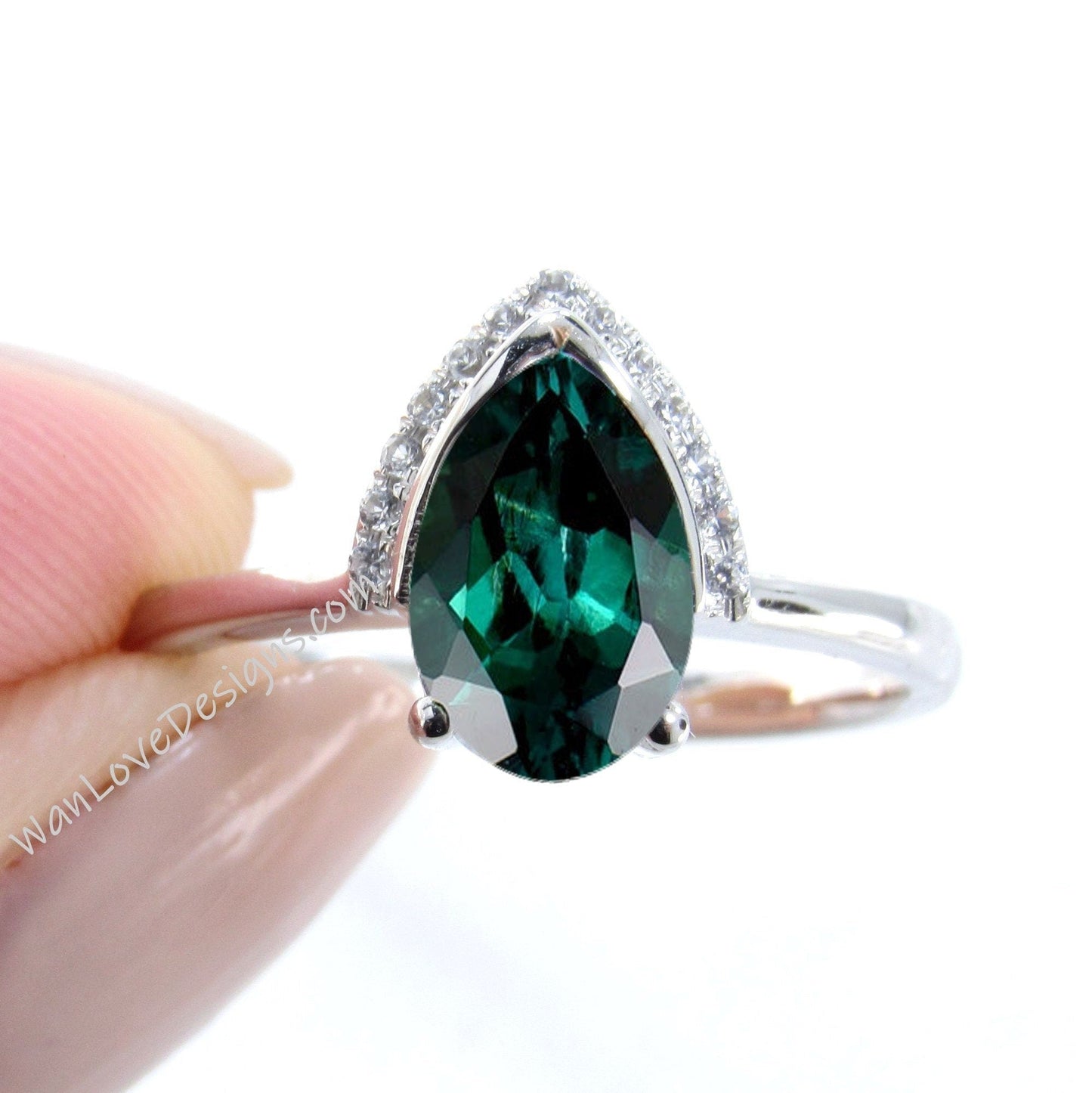 Green Emerald Birthstone Diamond Pear Modern Semi Bezel Crescent Half Halo Unique Engagement Ring,Custom,WanLoveDesigns Wan Love Designs
