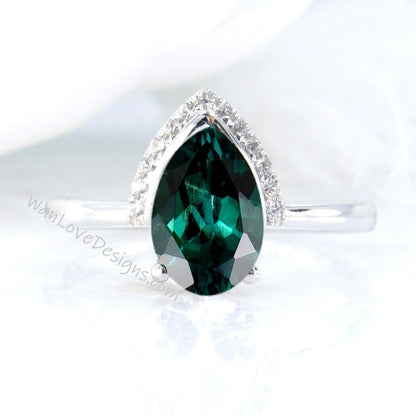 Green Emerald Birthstone Diamond Pear Modern Semi Bezel Crescent Half Halo Unique Engagement Ring,Custom,WanLoveDesigns Wan Love Designs