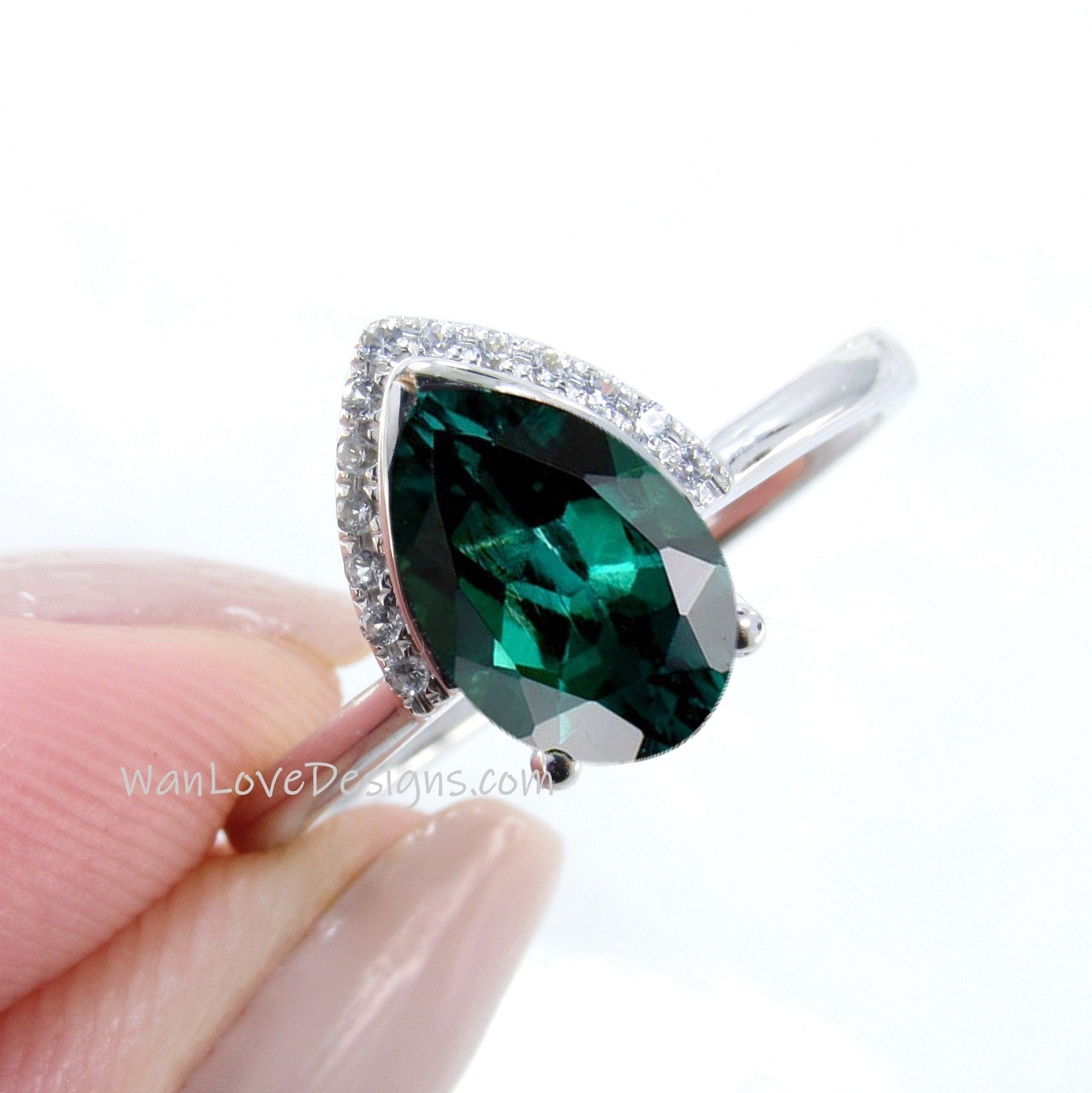 Green Emerald Birthstone Diamond Pear Modern Semi Bezel Crescent Half Halo Unique Engagement Ring,Custom,WanLoveDesigns Wan Love Designs