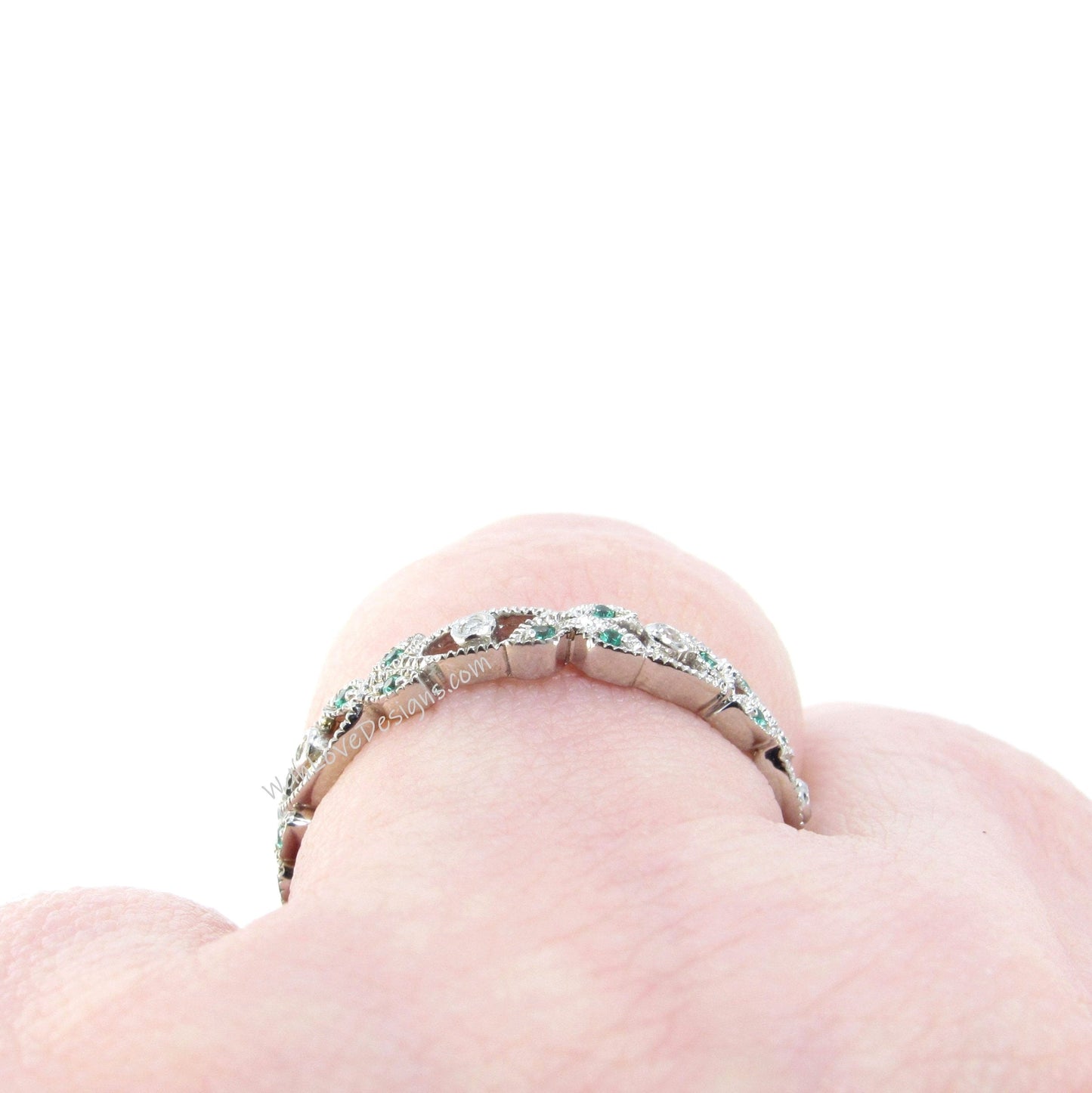 Green Emerald Ring, Diamond Milgrain Wedding Band, Milgrain Ring, Milgrain Band, Milgrain Wedding Band, Spinel Ring, Wedding Band Wan Love Designs