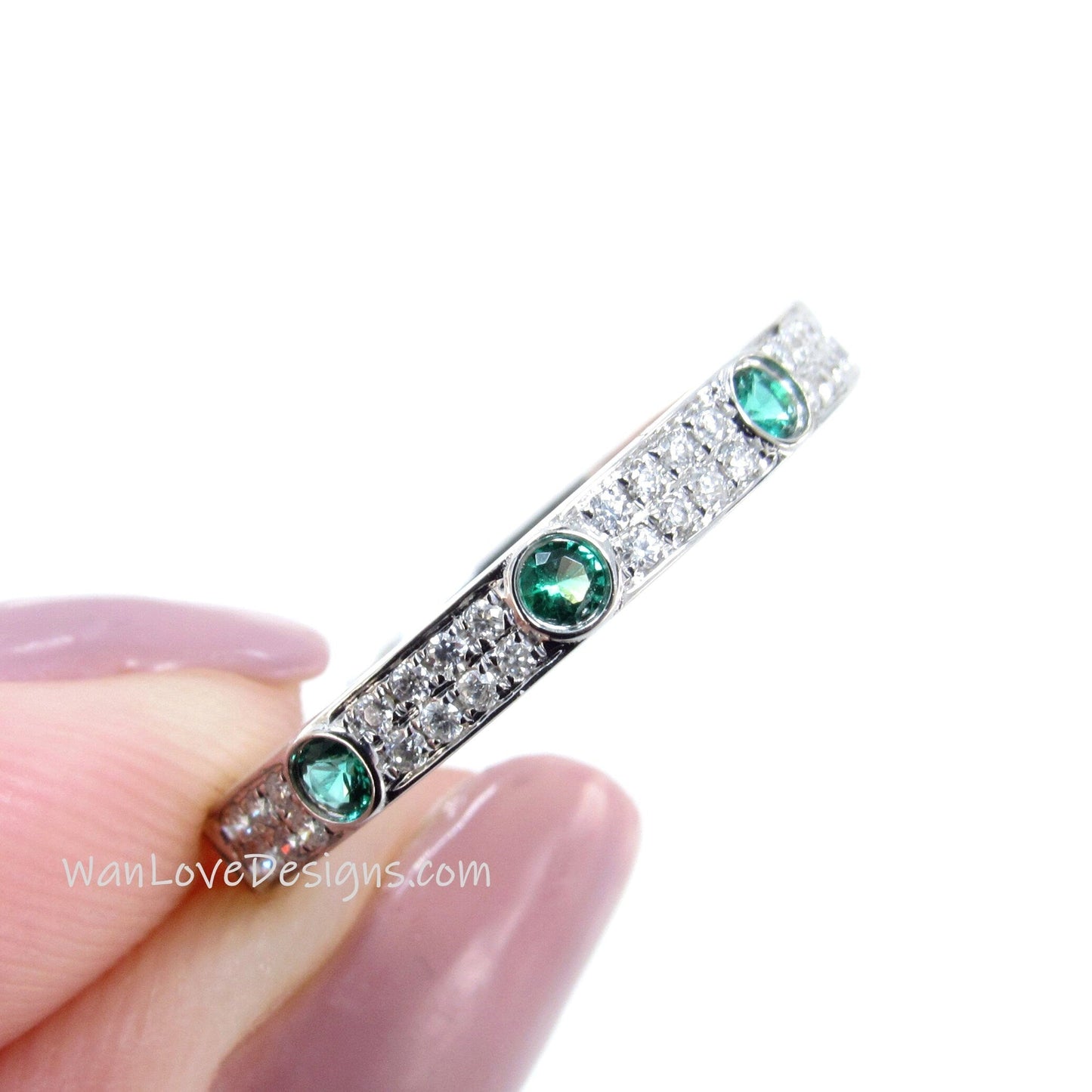 Green Emerald White Moissanite Wedding Band Ring white gold gemstone ring round bezel 7 gem stone Engagement Anniversary band Ready to ship Wan Love Designs