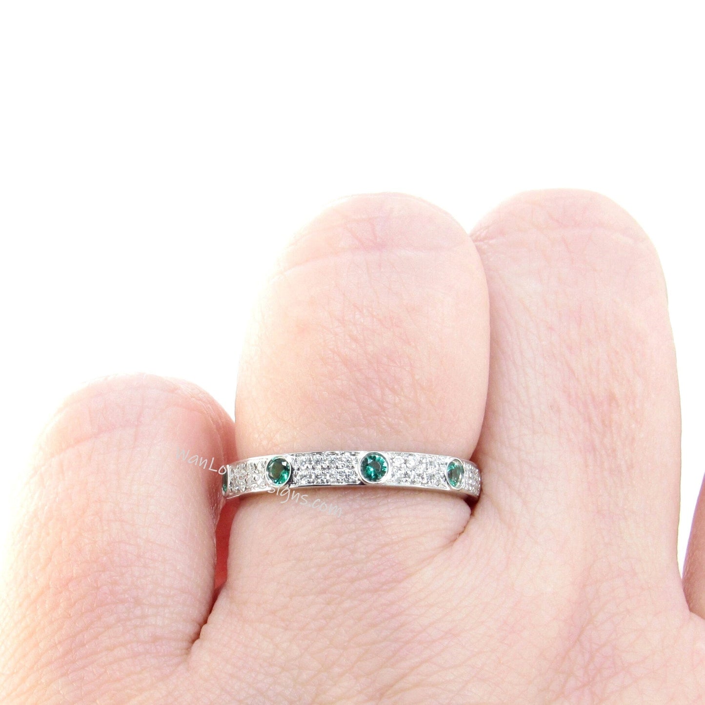 Green Emerald White Moissanite Wedding Band Ring white gold gemstone ring round bezel 7 gem stone Engagement Anniversary band Ready to ship Wan Love Designs